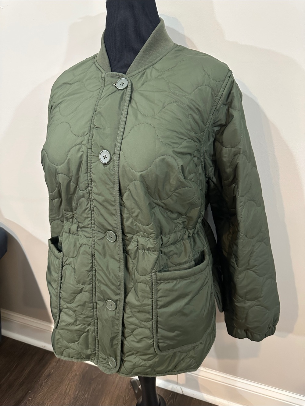 torrid Olive Green Quilted Puffer Jacket with Drawcord Waist, Size 00 (Plus)